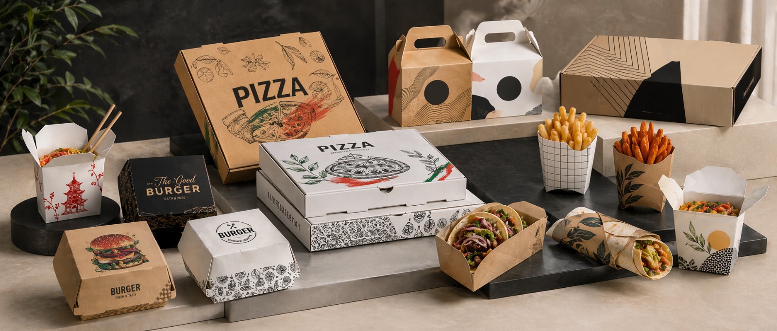 Custom printed burger and pizza boxes
